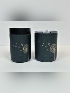 🌼 YETI Rambler Lowball 10 oz & 12 oz Colster Dandelion Engraved Dark Green Set
